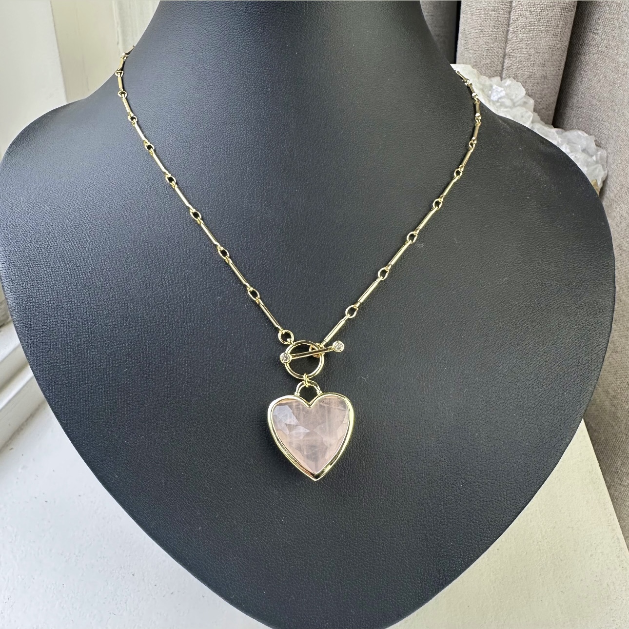 ✨ 18k Gold-Plated Rose Quartz Faceted Heart Necklace ✨