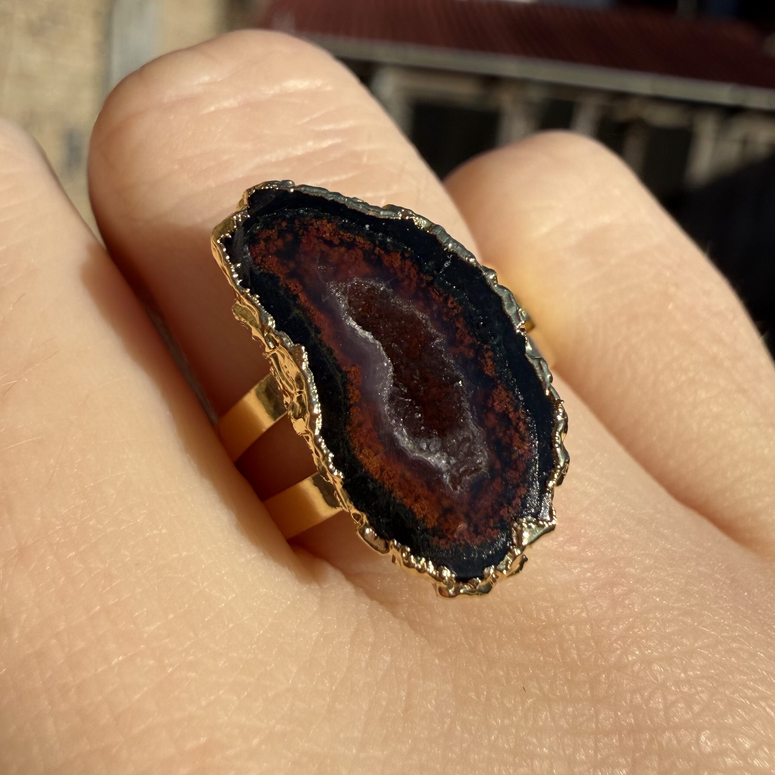 Red & Black Druzy Agate Ring 18K Gold