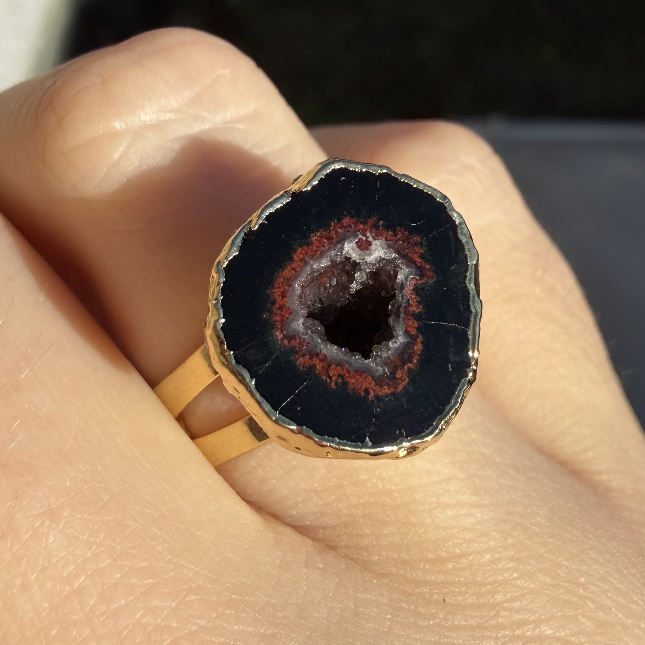 Red & Black Druzy Agate Ring 18K Gold