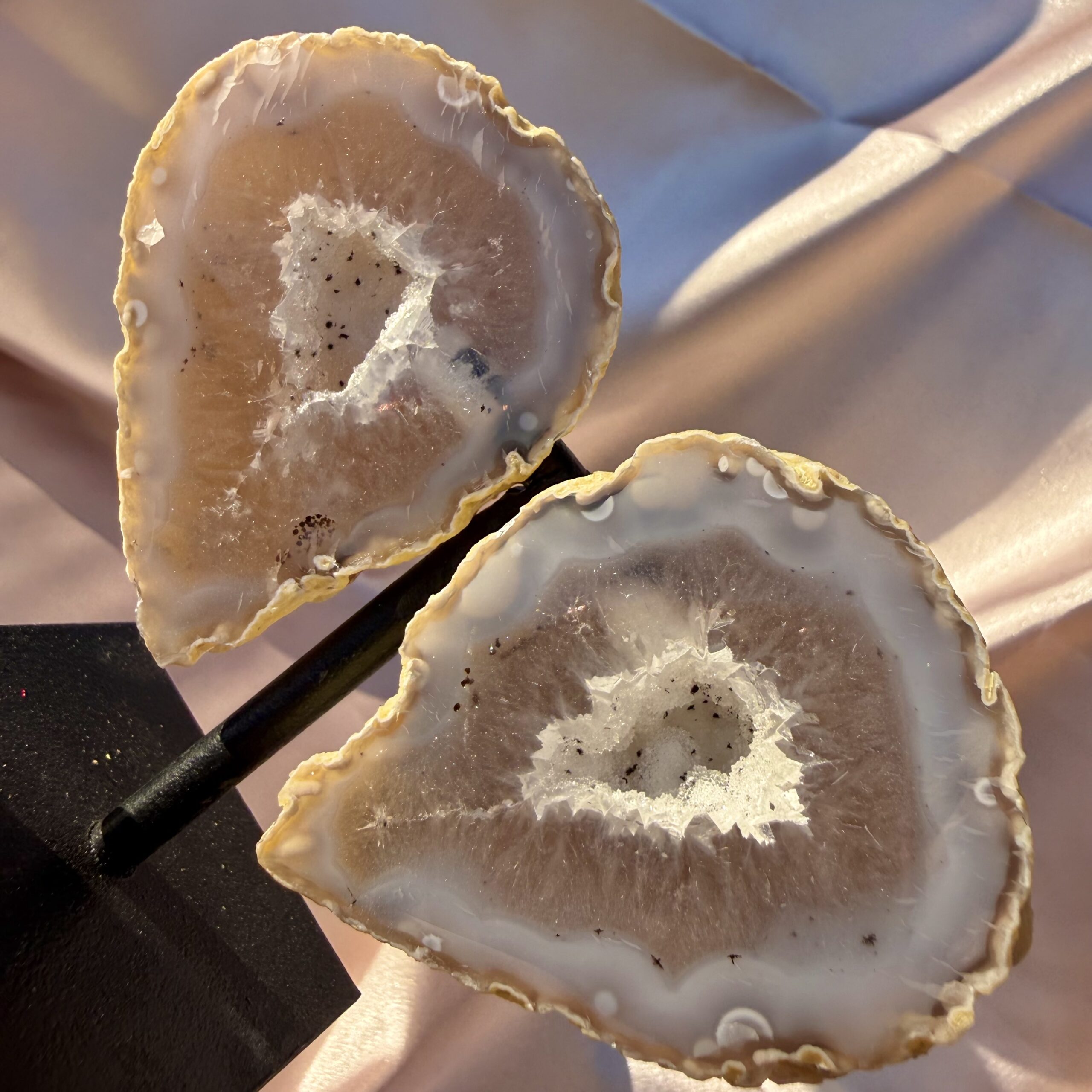 Twin Flame Agate Geode Pair on stand