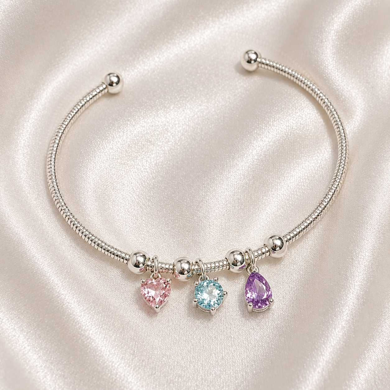 Super Special 925 Sterling Silver Bangle with Morganite, Blue Topaz & Lavender Moon Quartz