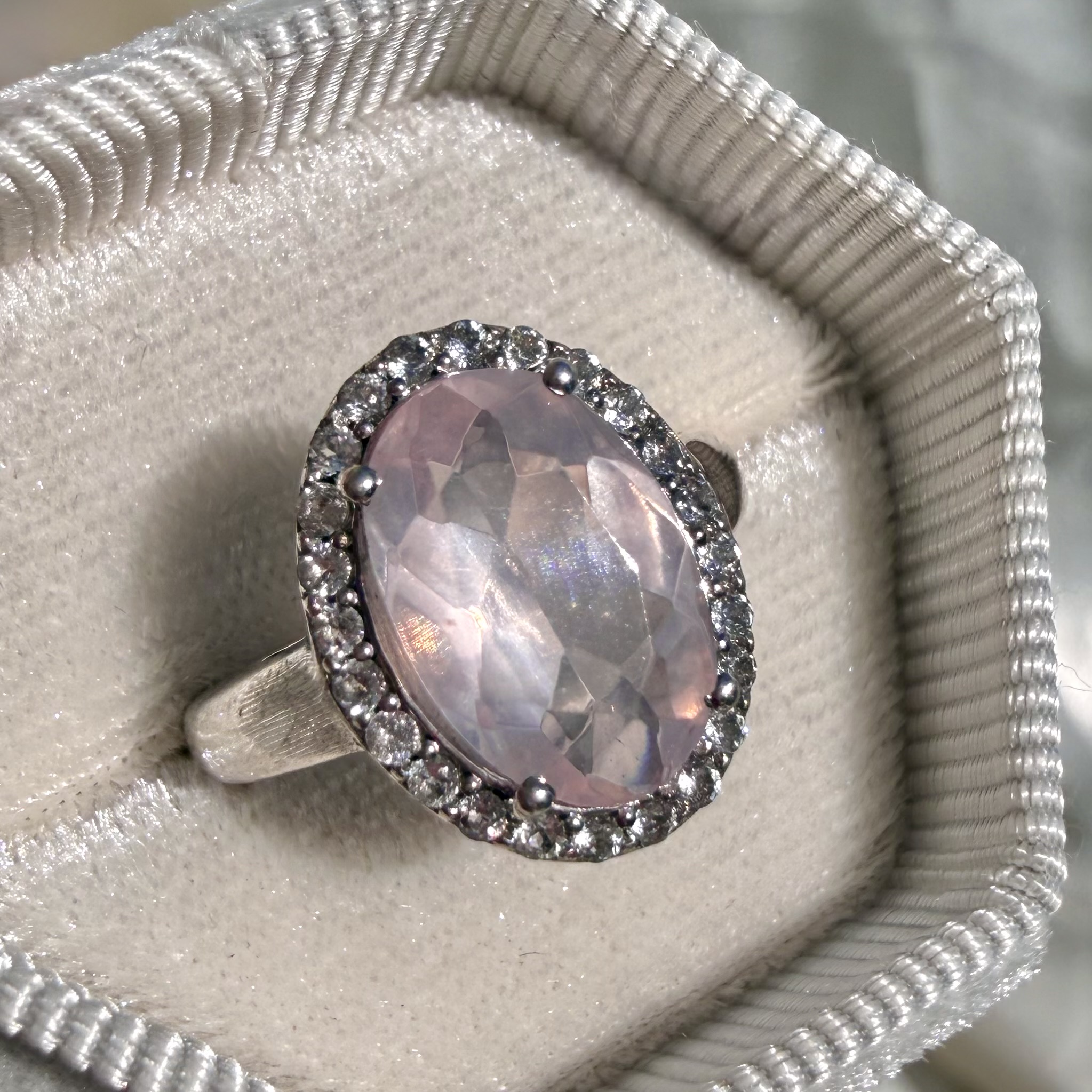 Mozambique Rose Quartz & Topaz Halo Ring