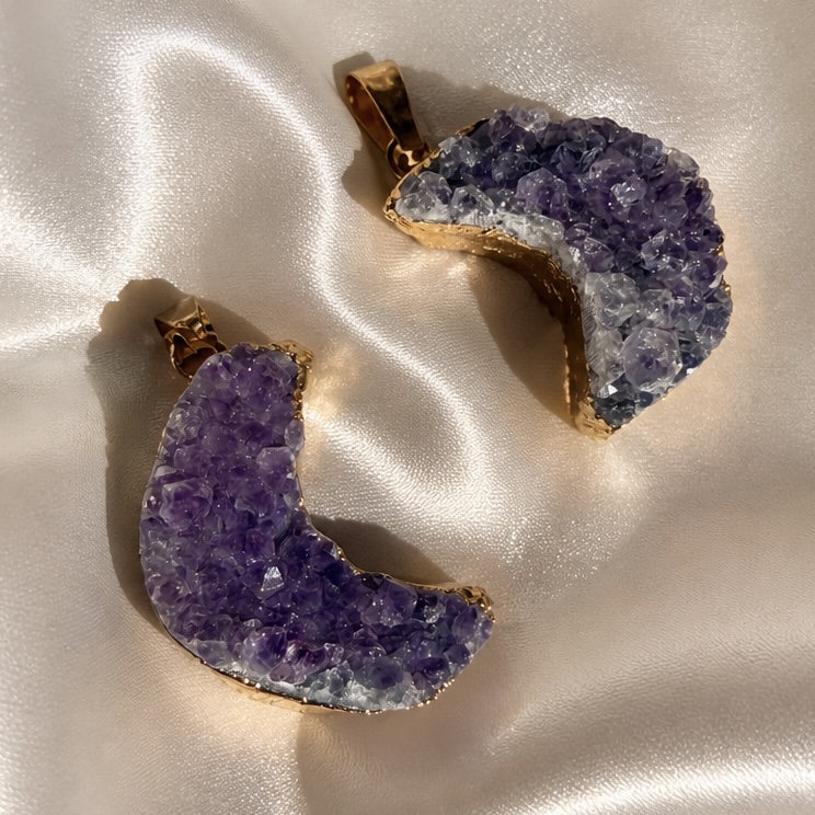 Amethyst Cluster Moon Pendant