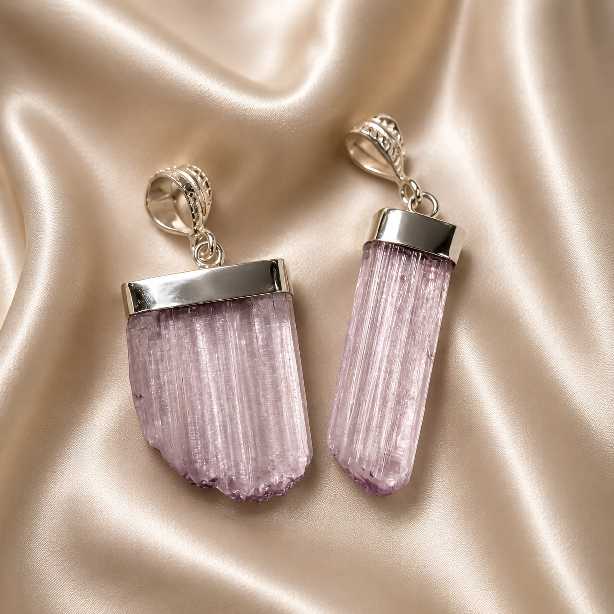 High Quality Sterling Silver Raw Kunzite Pendant