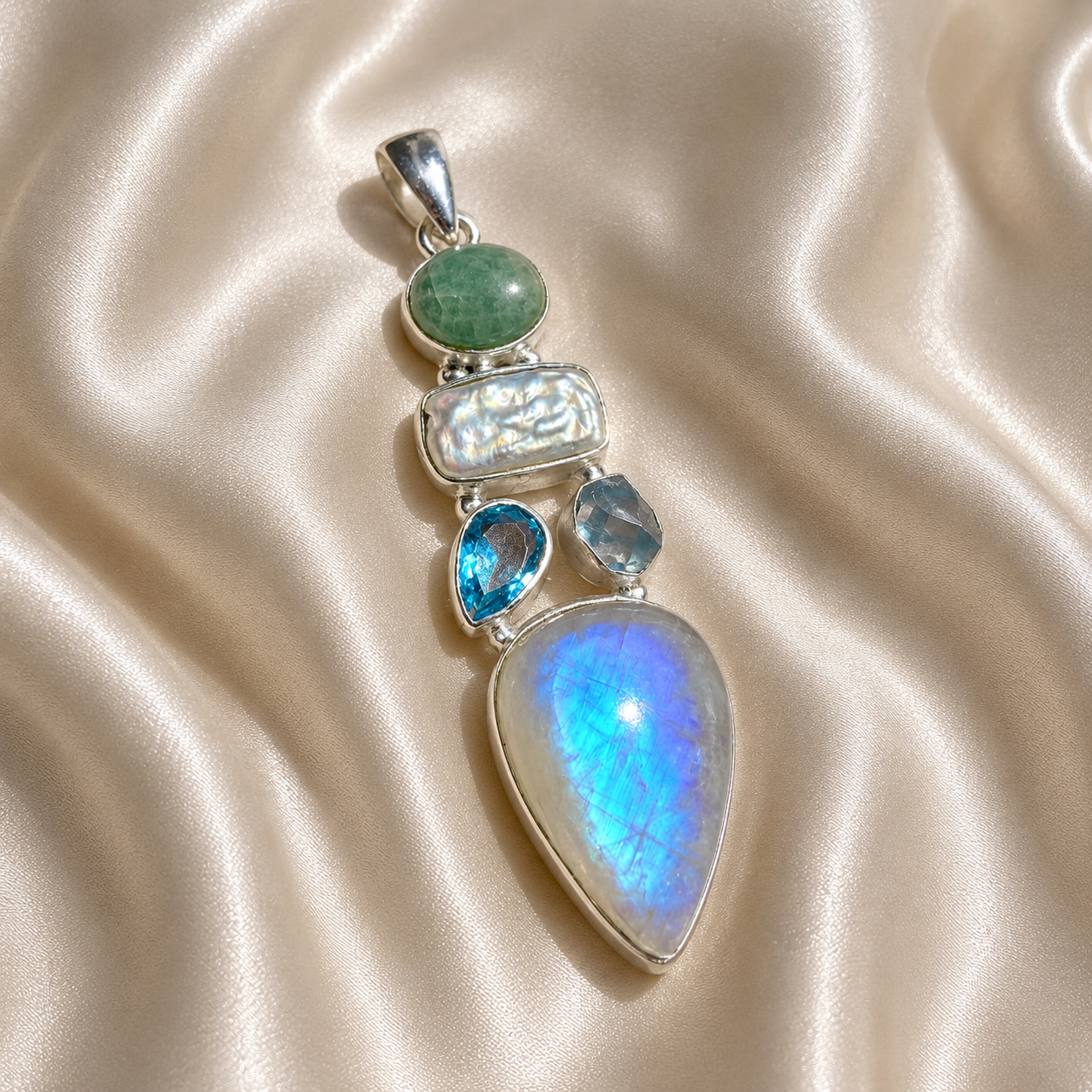 Amazonite, Sky Blue Topaz, Rough Aquamarine, Rough Pearl & Rainbow Moonstone Pendant
