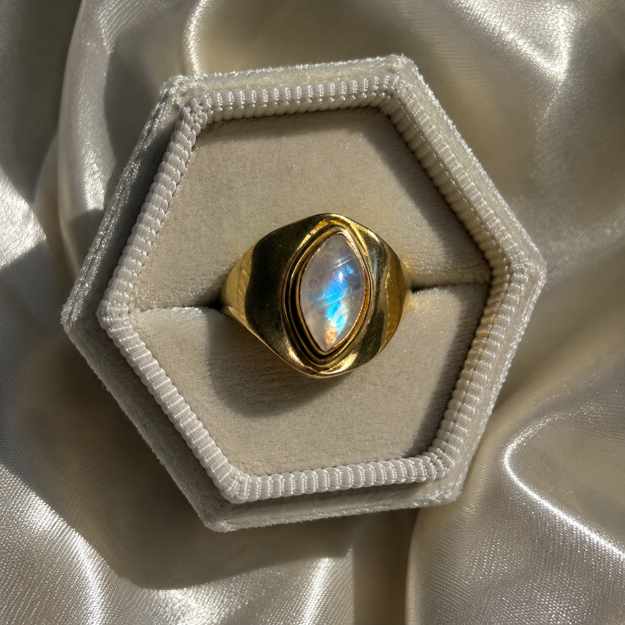 Marquise Rainbow Moonstone Goddess Ring