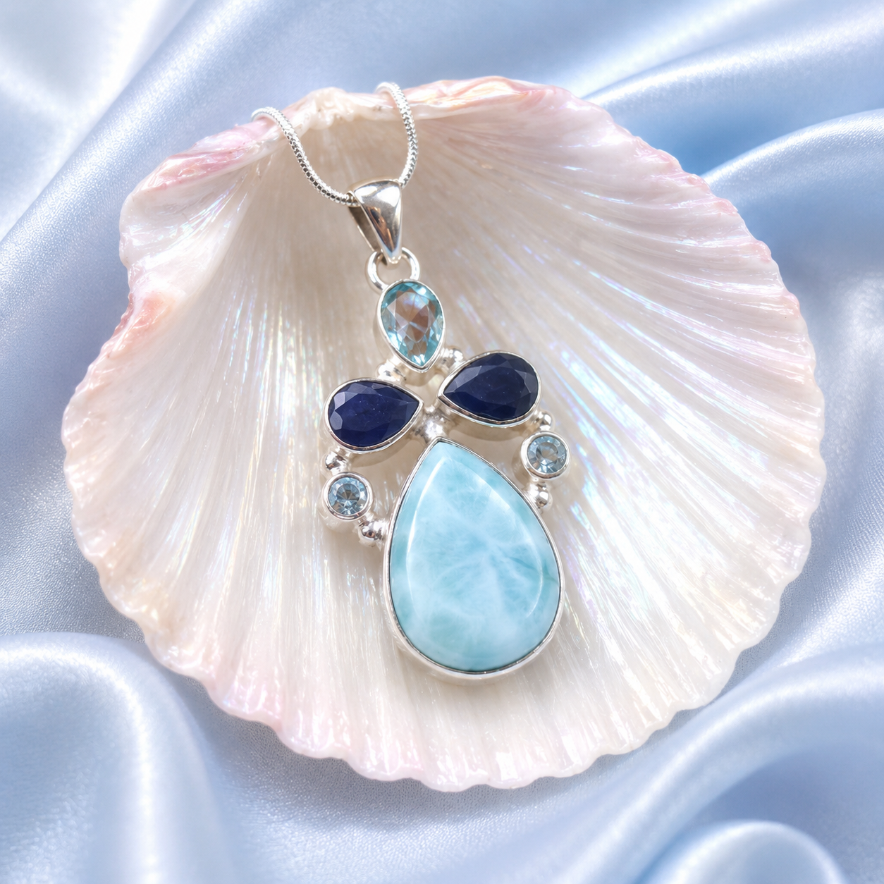 Baby Blue's Larimar, Sky Blue Topaz & Sapphire Pendant