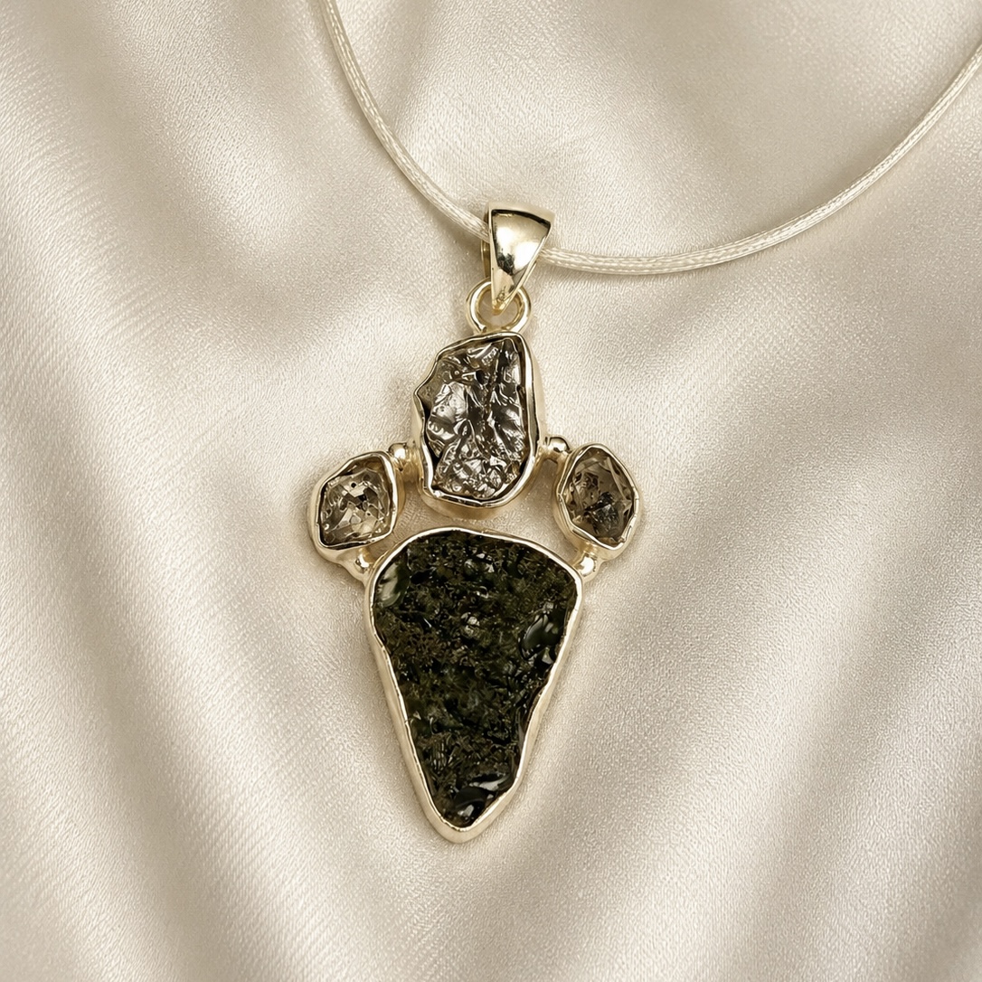 MOLDAVITE Herkimer and Meteorite Pendant