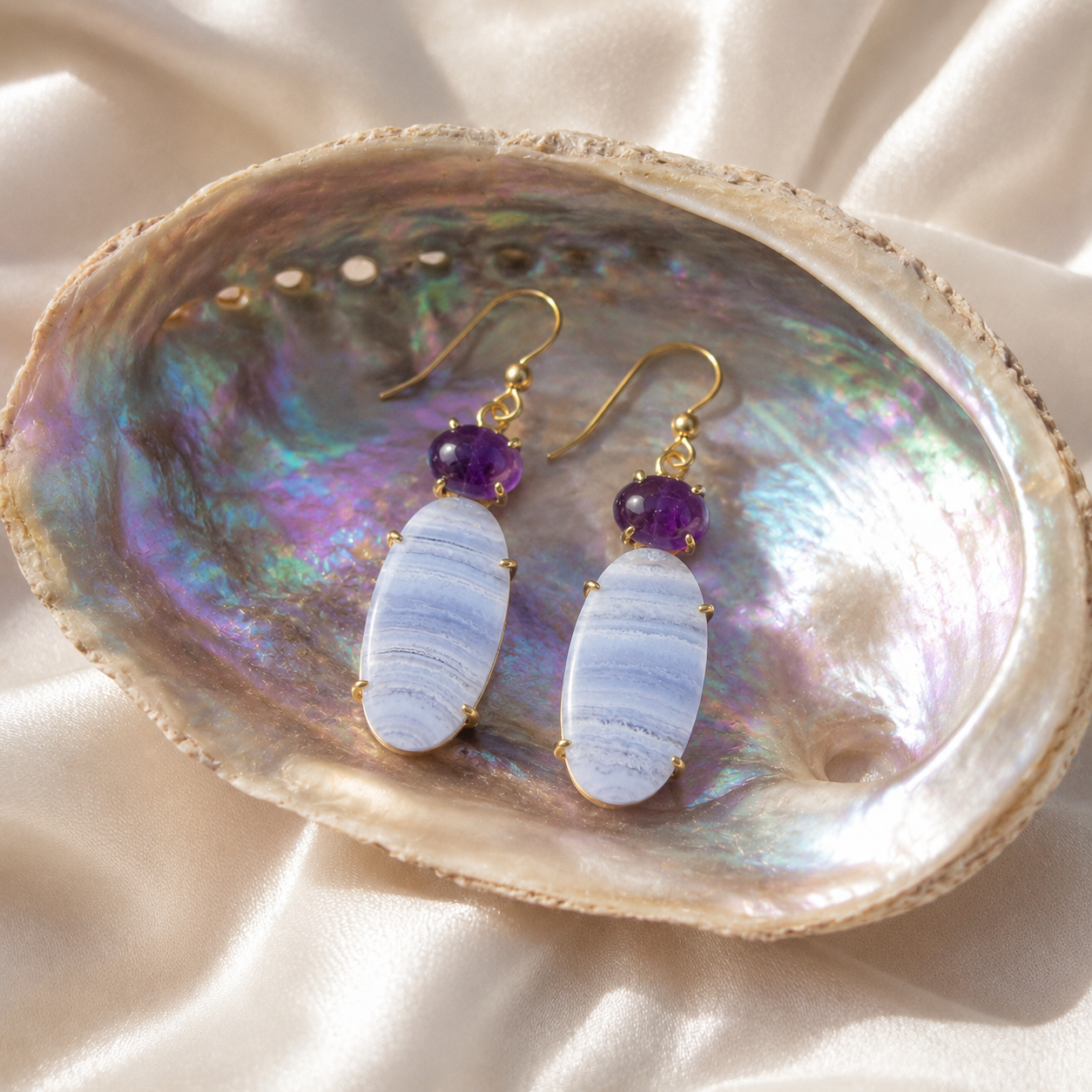 Statement Earrings Amethyst & Blue Lace Agate Gold