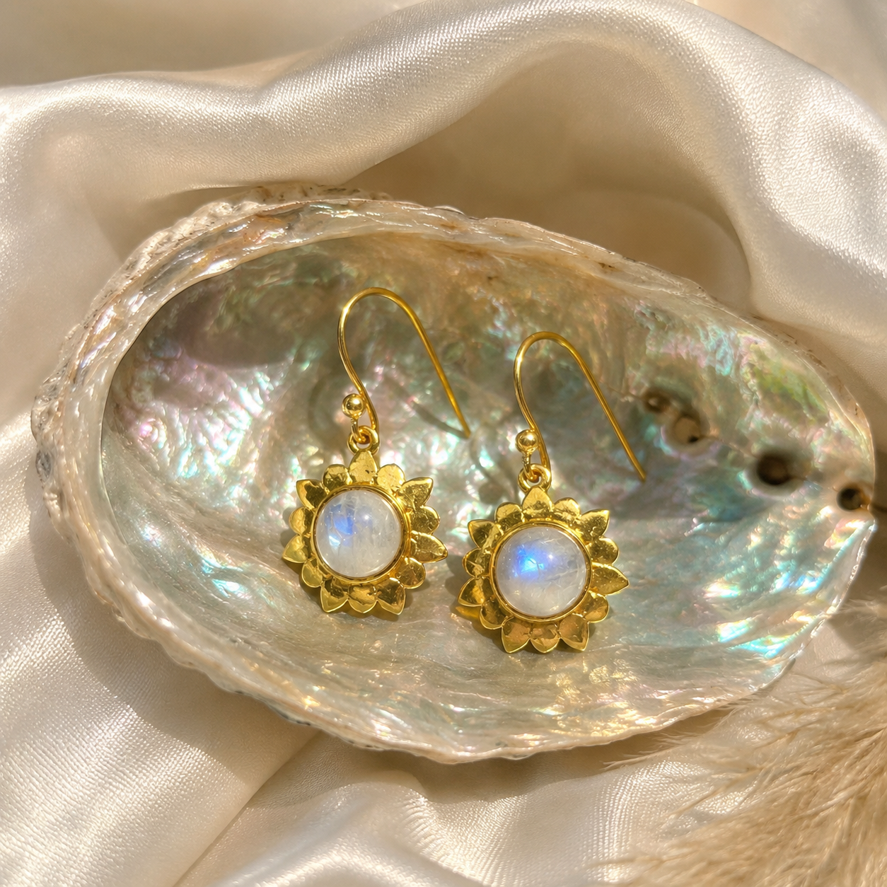 Moonstone Sunflower Earrings Gold