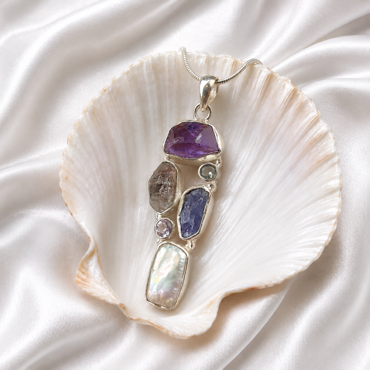 Amethyst, Herkimer Diamond, Topaz, Tanzanite & Pearl Pendant