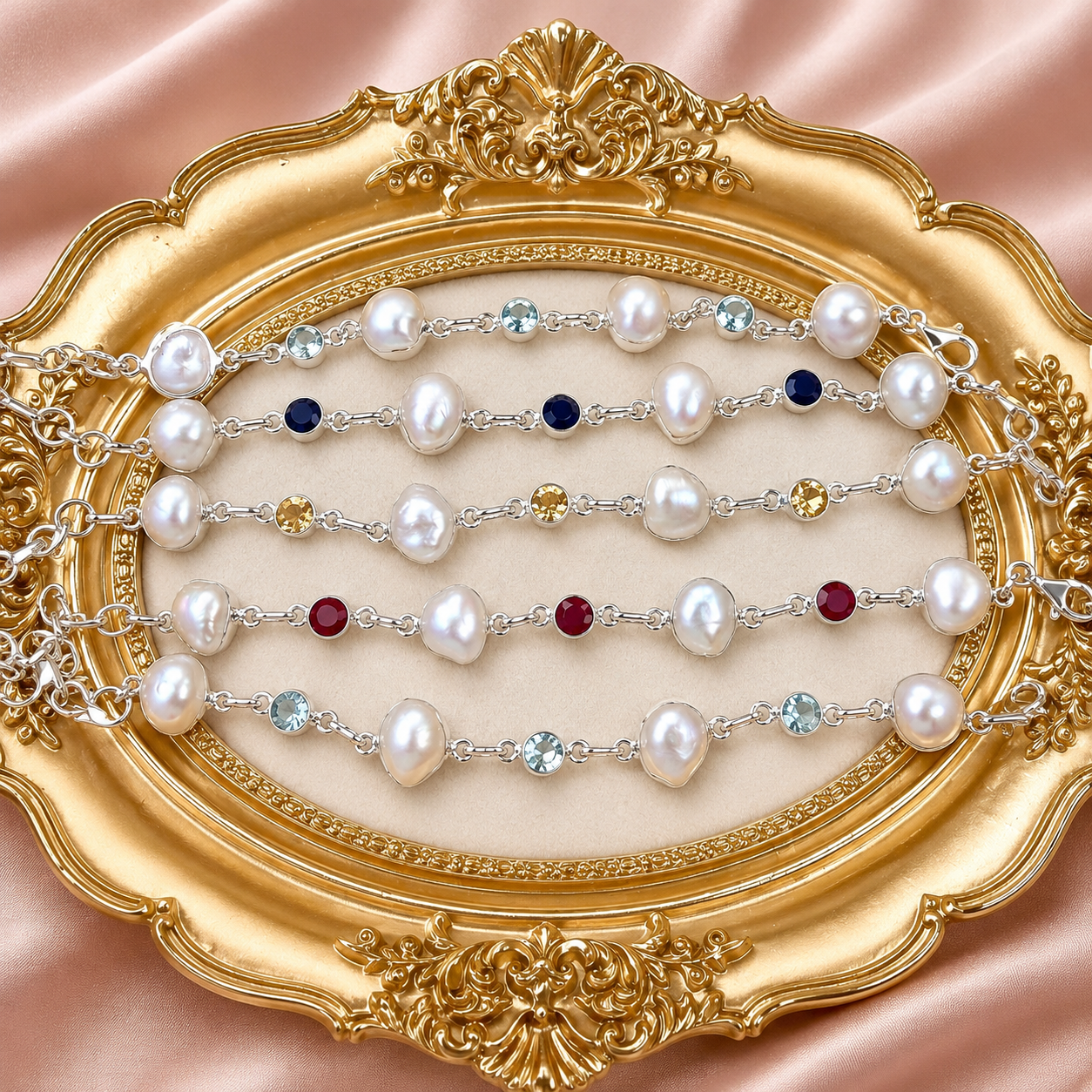 Mermaids Treasure Pearl & Gemstone Sterling Silver Bracelet