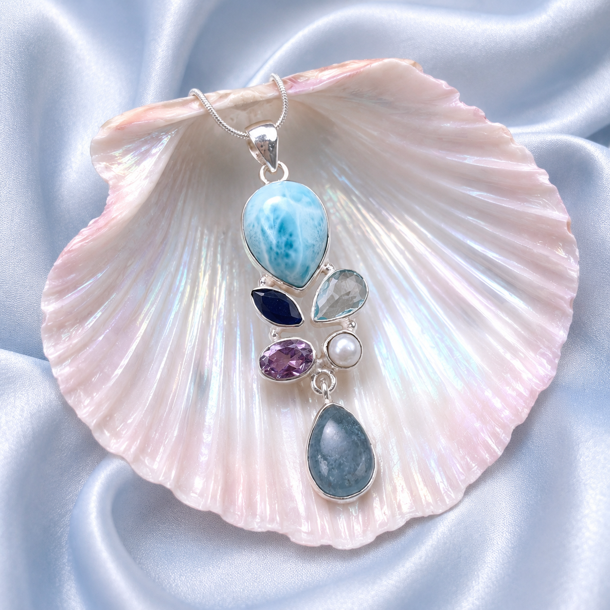 Mermaids Crown - Larimar, Sapphire, Topaz, Amethyst , Pearl & Aquamarine Pendant