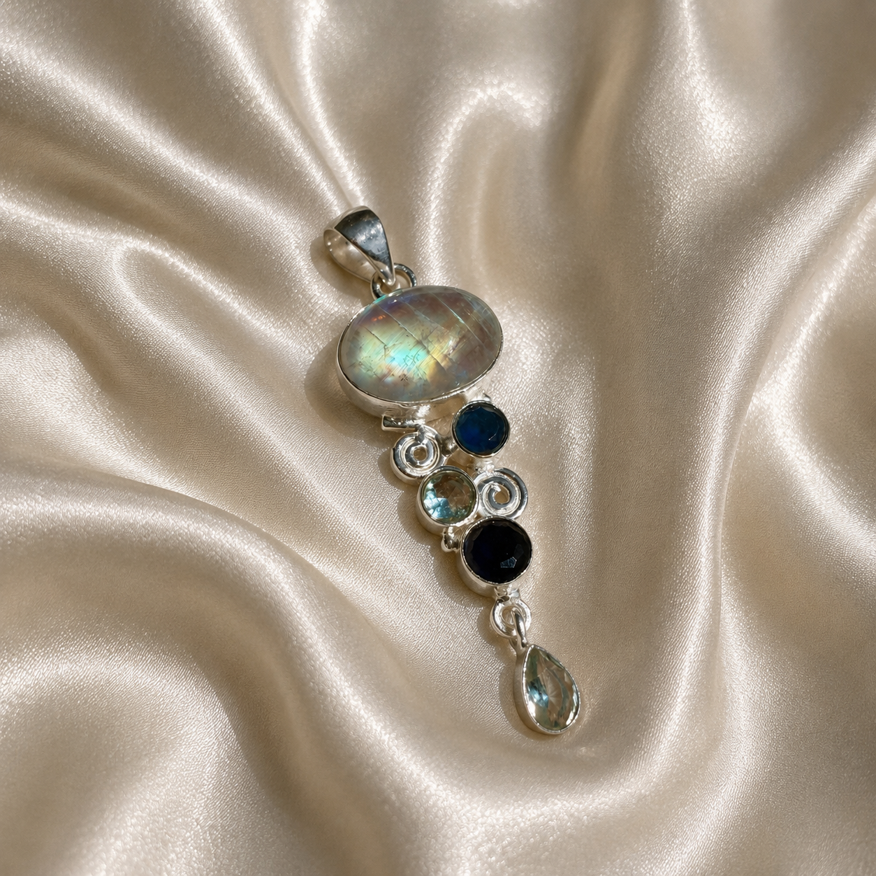 Rainbow Moonstone, Sapphire & Sky Blue Topaz Pendant