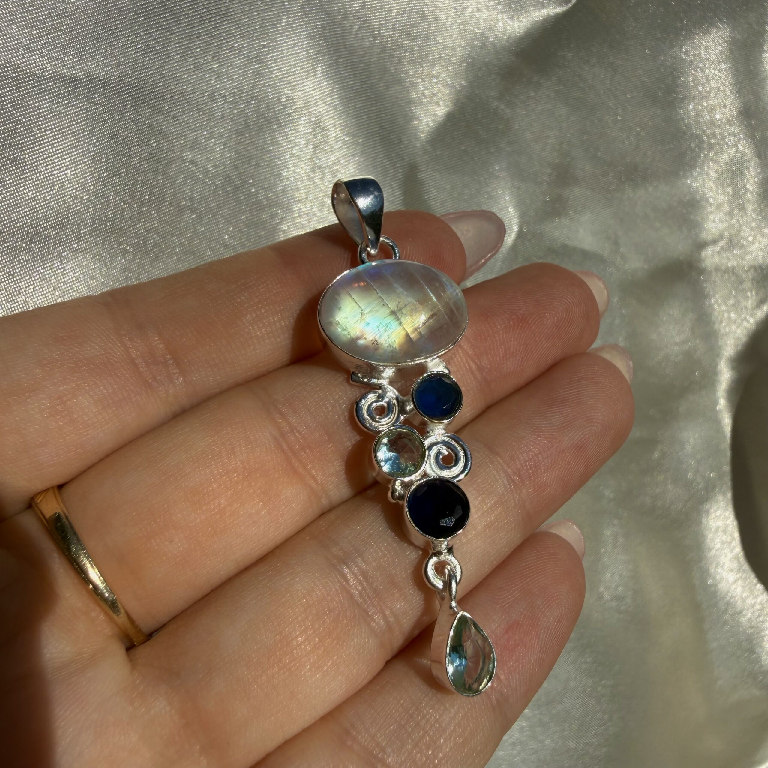 Rainbow Moonstone, Sapphire & Sky Blue Topaz Pendant - Image 2