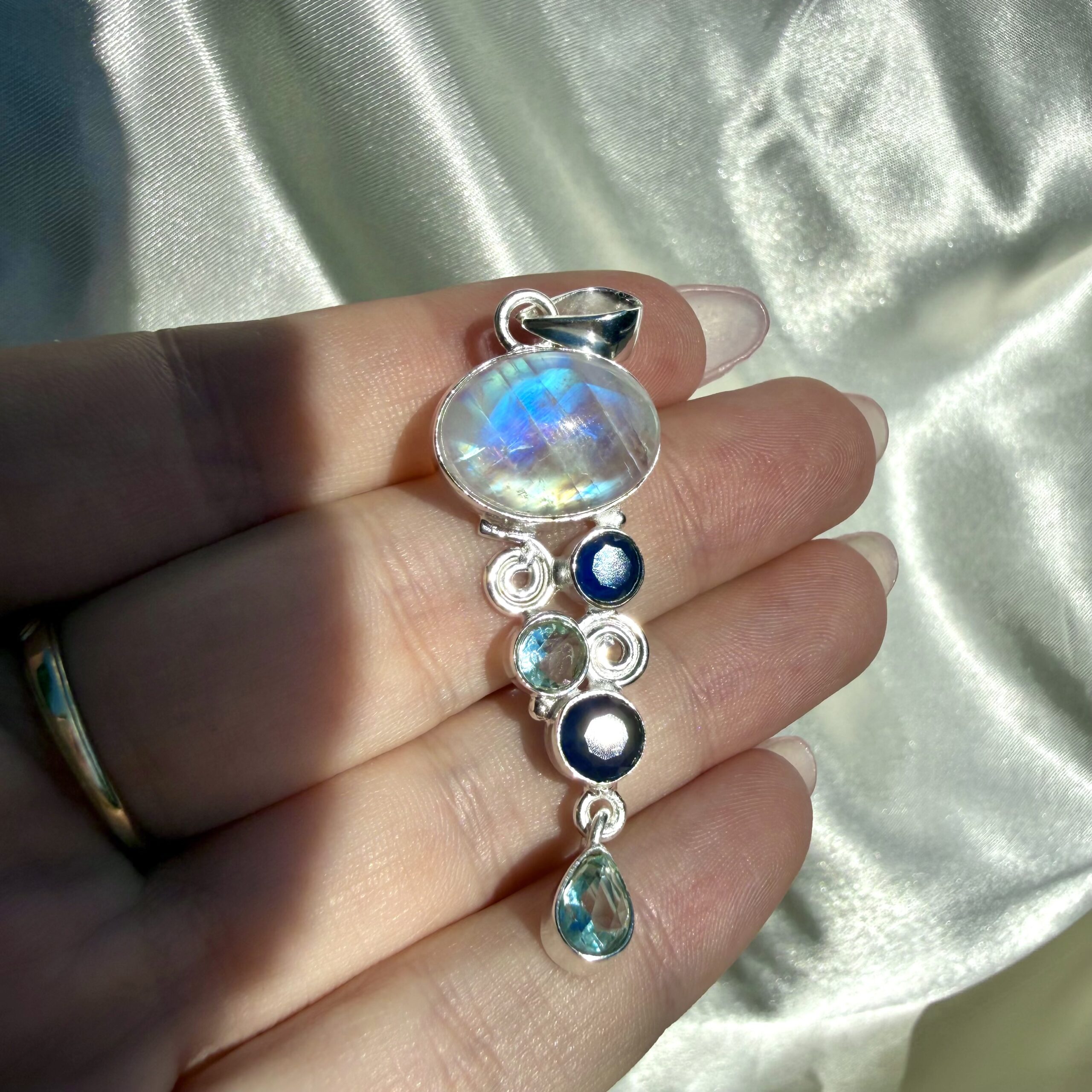 Rainbow Moonstone, Sapphire & Sky Blue Topaz Pendant - Image 3