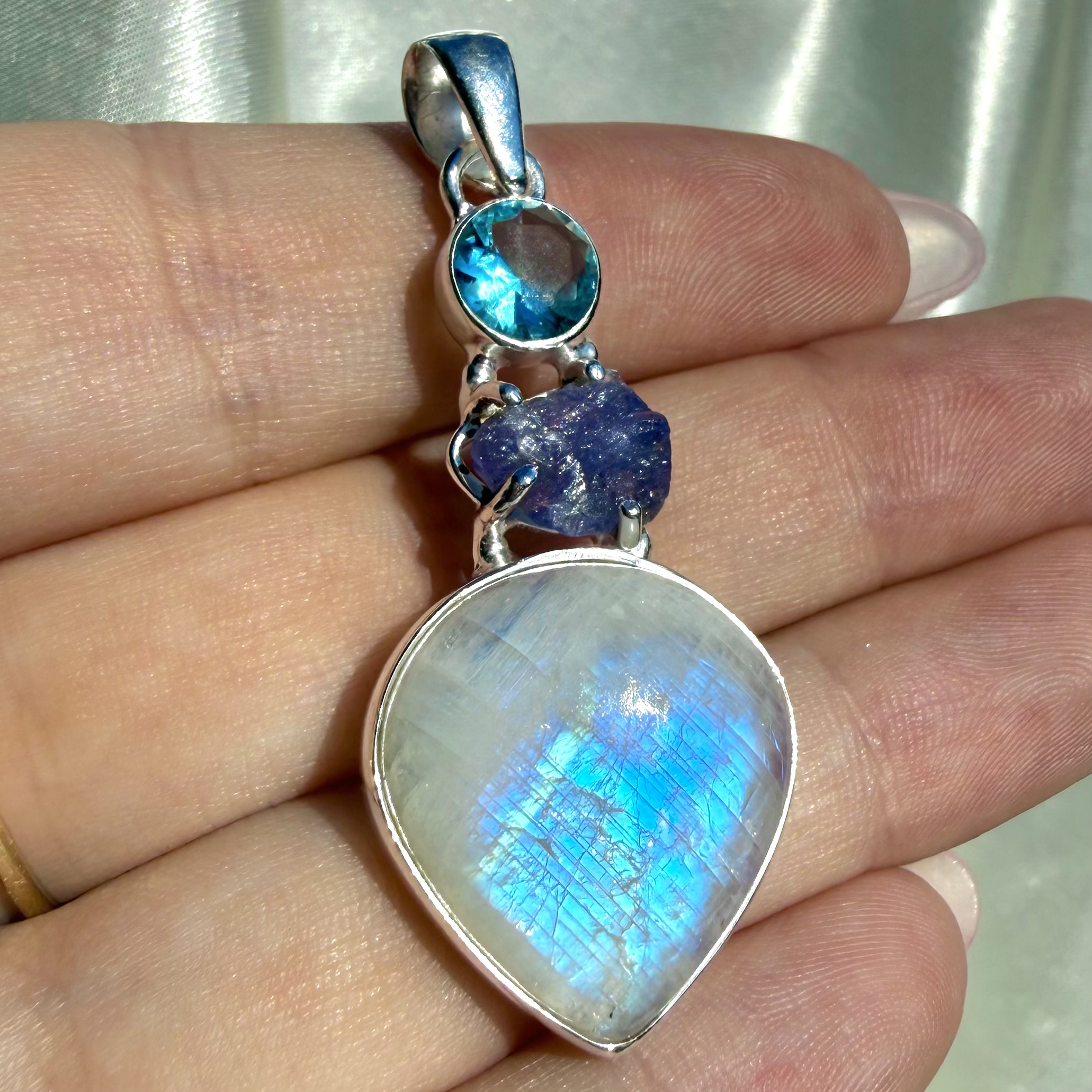 Sky Blue Topaz, Rough Tanzanite & Rainbow Moonstone Pendant - Image 3