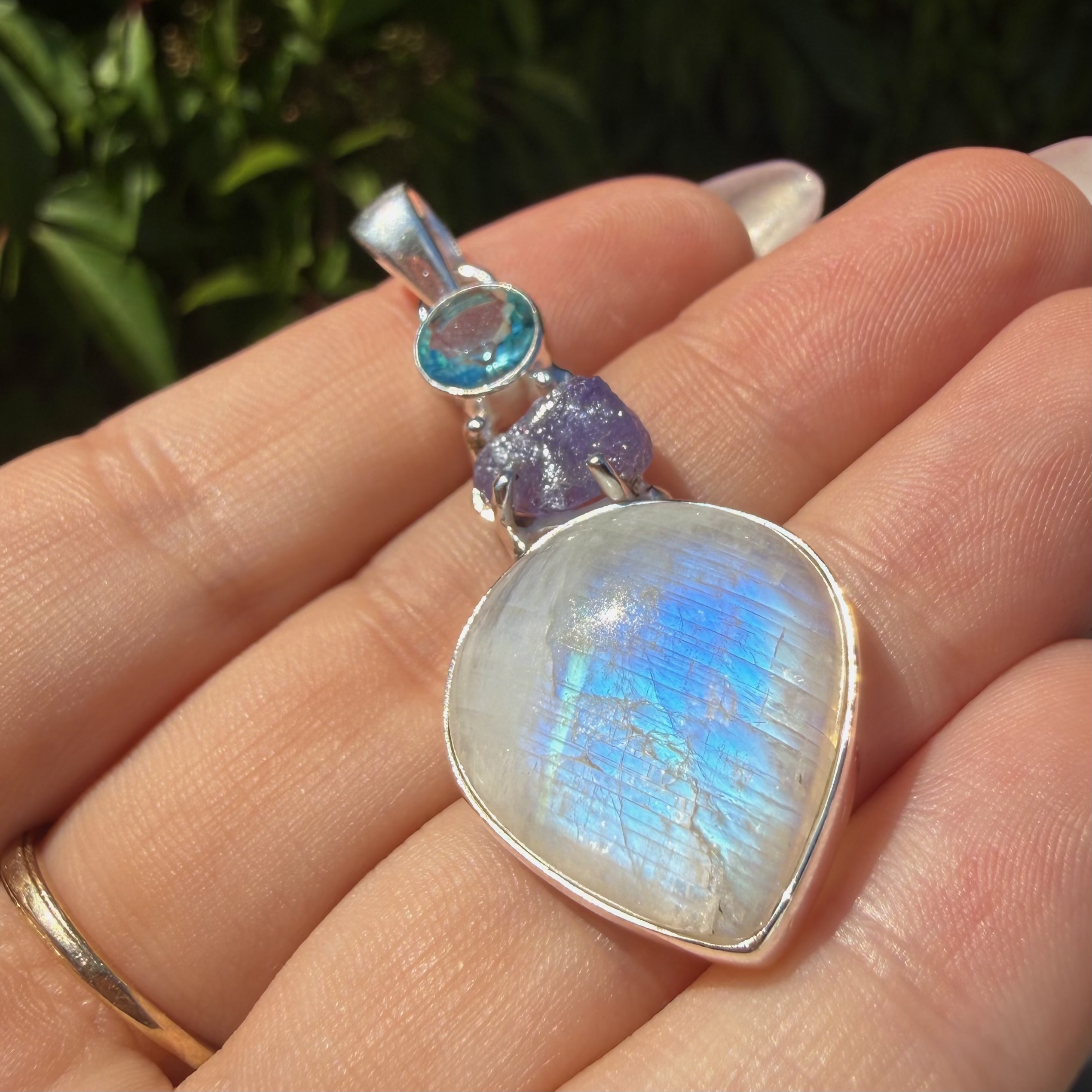 Sky Blue Topaz, Rough Tanzanite & Rainbow Moonstone Pendant - Image 2