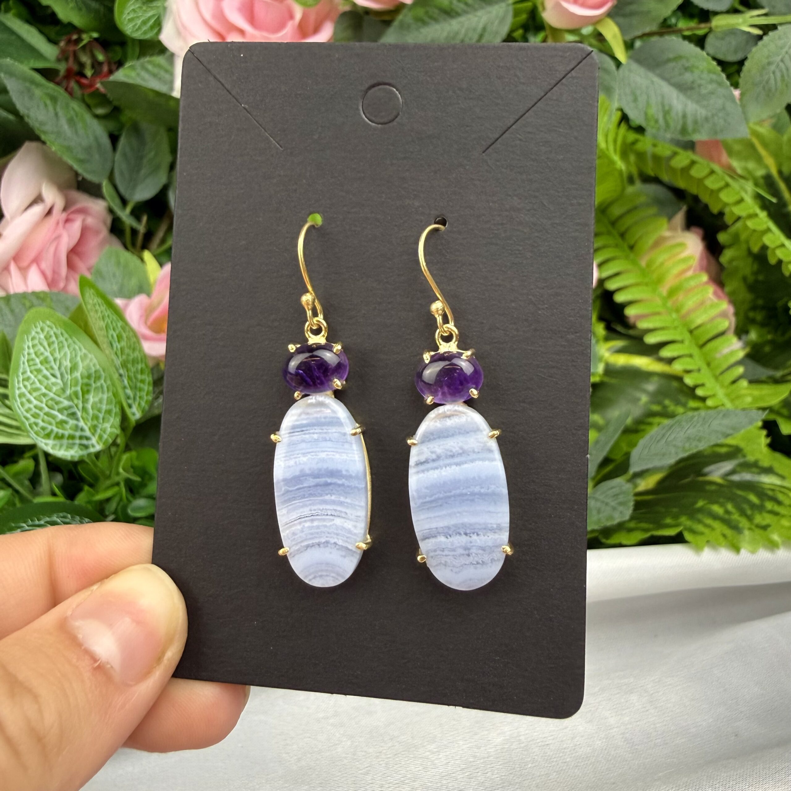 Statement Earrings Amethyst & Blue Lace Agate Gold - Image 2