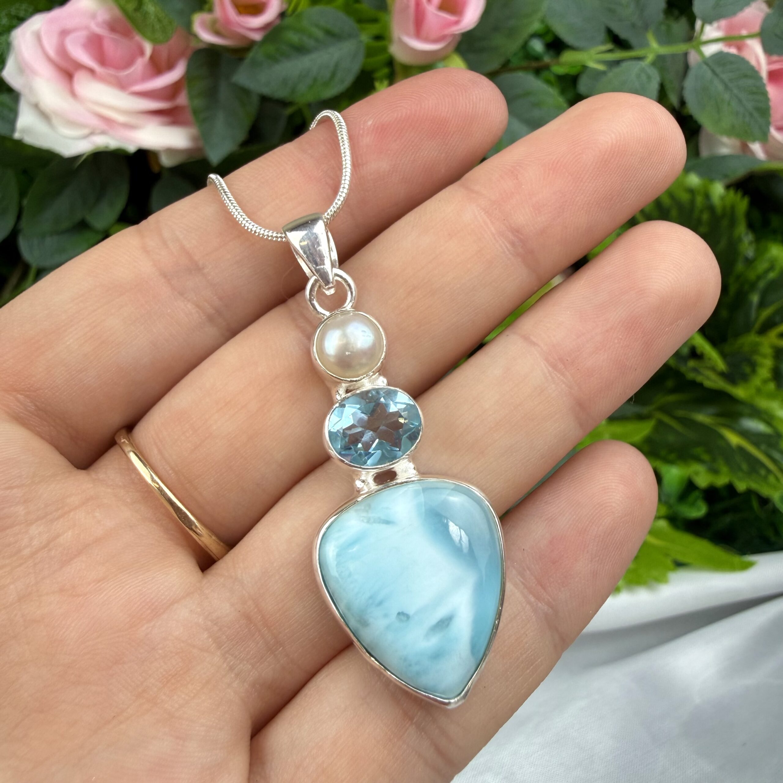Pearl Dreams - Pearl, Sky Blue Topaz & Gemmy Larimar - Image 2