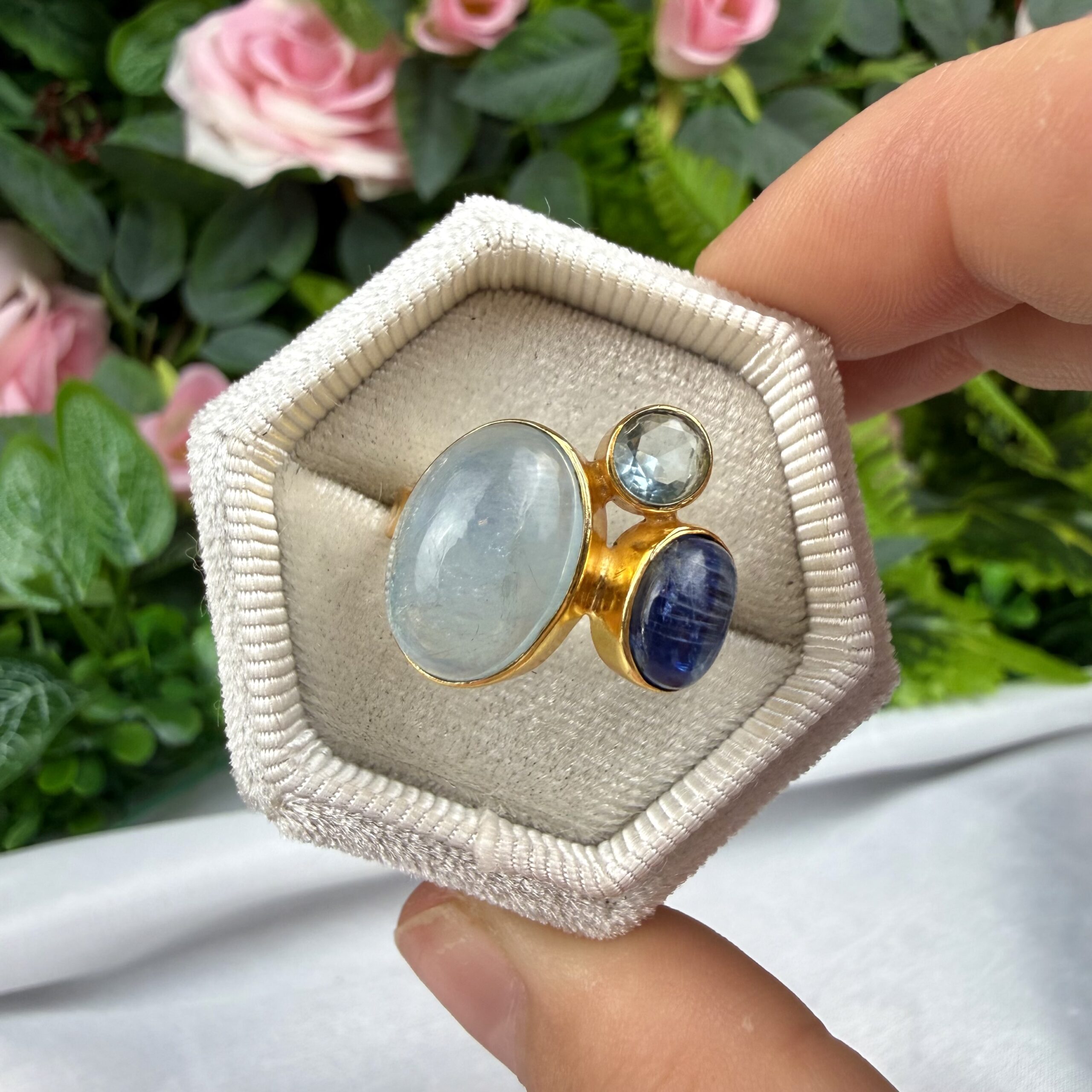 Aqua Trio Ring - Aquamarine , Gem Kyanite & Topaz Gold